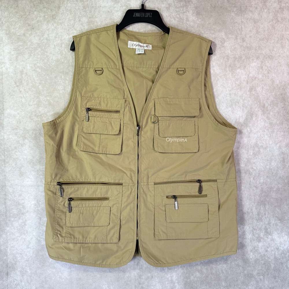 OlympinA Utility Vest Mens L Khaki Multi-Pocket Fishing Safari Zip Front Buckle